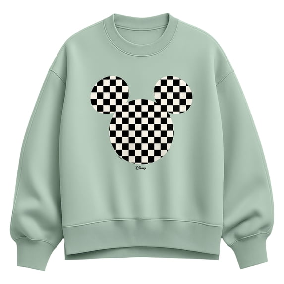 Disney - Checkerboard Mickey Ears Oversized Fleece Crew Sweatshirt