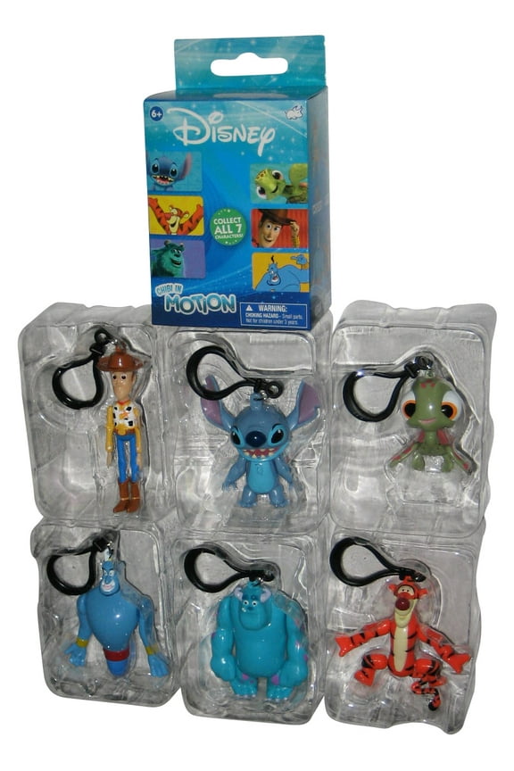 Disney Chibi In Motion Bullsitoy Mini Figure Keychain Set - (Stitch, Woody, Genie, Squirt, Sulley & Tigger)