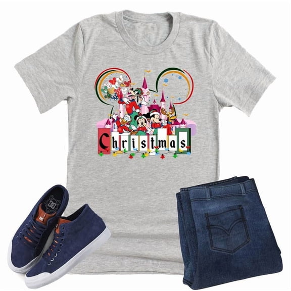 Disney Christmas Characters Graphic Design Casual Short Sleeve Shirt (Gray-Large)