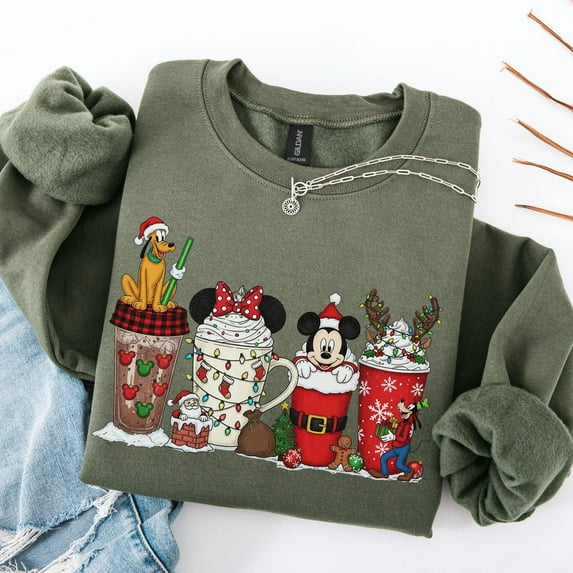 Disney Christmas Coffee Sweatshirt Coffee Lover Disney Sweater Women Coffee Shirt Disney Christmas Shirt Mickey Latte Shir,Military Green Color,Size M