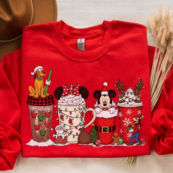 Disney Christmas Coffee Sweatshirt Coffee Lover Disney Sweater Women Coffee Shirt Disney Christmas Shirt Mickey Latte Shir,Red Color,Size M