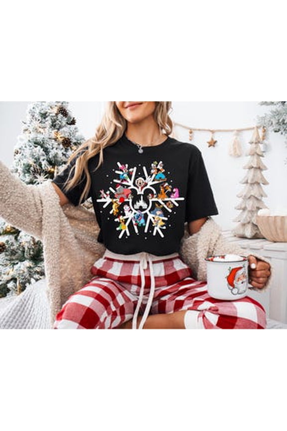 Disney Christmas Snowflake, Mickey And Friends Christmas Shirt, Stitch Merry Christmas, Winnie The Pooh Snowflake, Black Tshirt