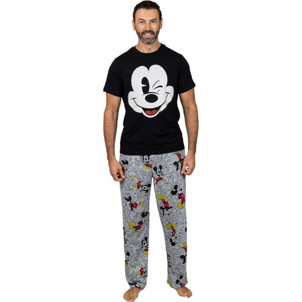 Disney Classic Mens Mickey Mouse Pajama Tee and Lounge Pant Set, Black/Grey Mickey, Size XLarge