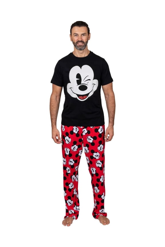 Classic Mens Mickey Mouse Pajama Tee and Lounge Pant Set, Black/Red Mickey, Size: 2X