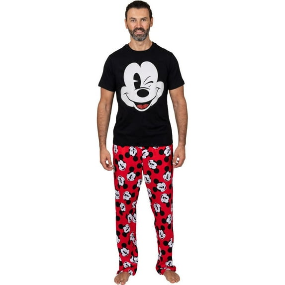 Disney Classic Mens Mickey Mouse Pajama Tee and Lounge Pant Set, Black/Red Mickey, Size: 2X