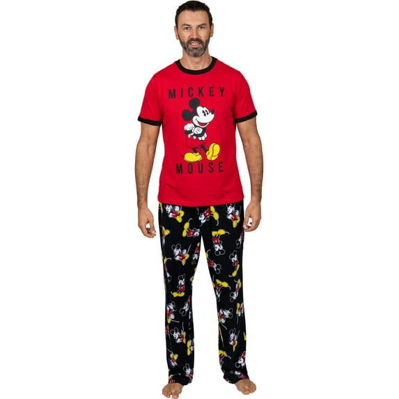 Disney Classic Mens Mickey Mouse Pajama Tee and Lounge Pant Set, Red Black, Size: XLarge