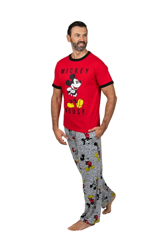 Disney Classic Mickey Mouse Mens Pajama Red Tee and Lounge Pant Set, Red Multi, Size: XLarge