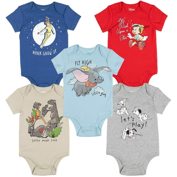 Disney Classics 101 Dalmatians Dumbo Peter Pan Pinocchio Infant Baby Boys 5 Pack Bodysuits Multicolor 12 Months