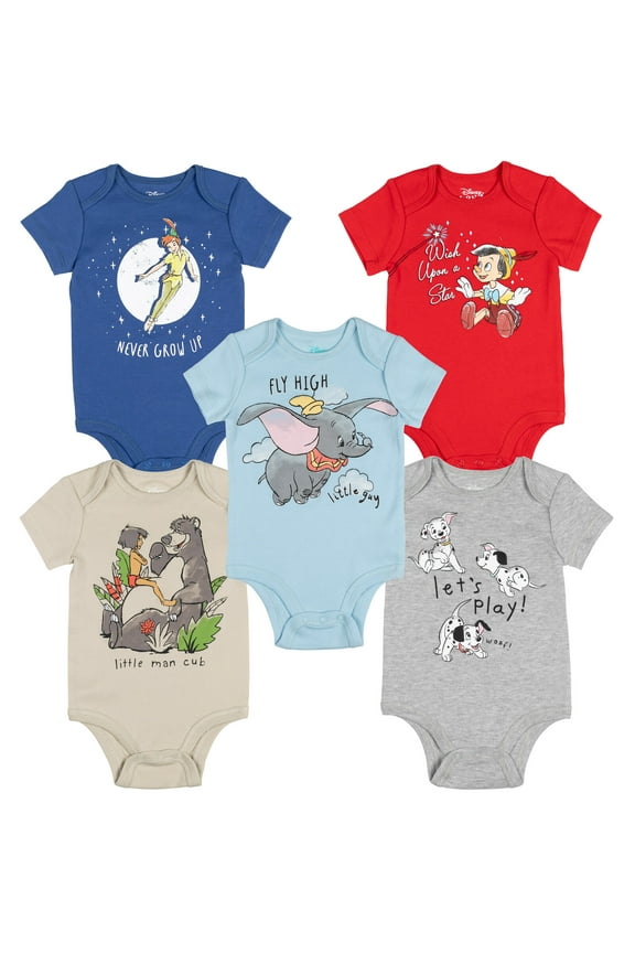 Classics 101 Dalmatians Dumbo Peter Pan Pinocchio Infant Baby Boys 5 Pack Bodysuits Multicolor 18 Months