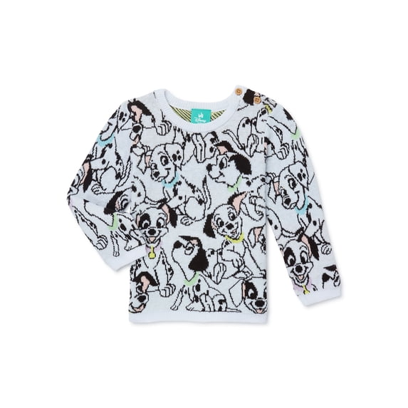 Disney Classics 101 Dalmations All Over Jacquard Knit Crew Sweater with Buttons at Shoulder, Sizes 0/3M - 24M