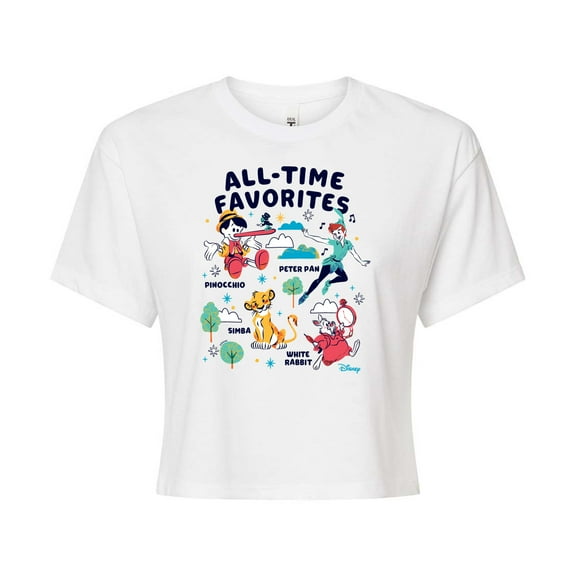 Disney Classics - All-Time Favorites - Pinocchio, Peter Pan, Simba, & White Rabbit - Juniors Cropped Cotton Blend T-Shirt