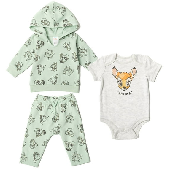 Disney Classics Bambi Marie Thumper Infant Baby Boys or Girls Fleece Pullover Hoodie Bodysuit and Pants 3 Piece Outfit Set Newborn to Infant