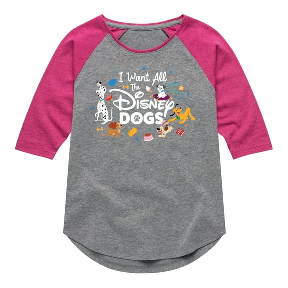 Disney Classics - Cats & Dogs - I Want All The Disney Dogs - Toddler And Youth Girls Raglan Graphic T-Shirt
