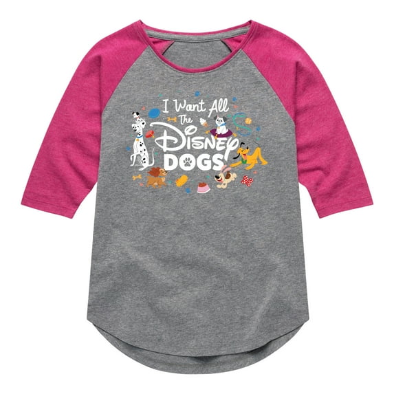 Disney Classics - Cats & Dogs - I Want All The Disney Dogs - Toddler And Youth Girls Raglan Graphic T-Shirt