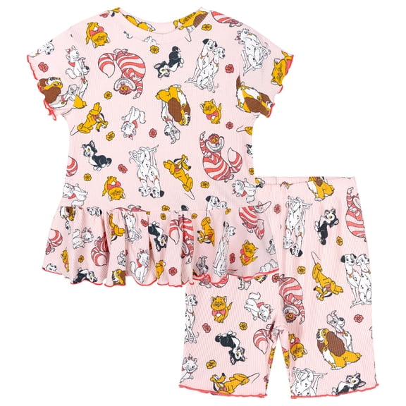Disney Classics Cats and Dogs Ribbed Peplum T-Shirt and Bike Shorts Outfit Set Toddler to Big Kid