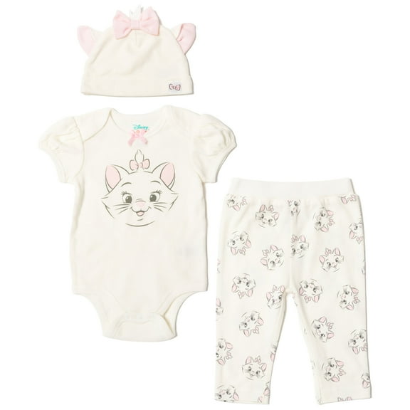 Disney Classics Marie Infant Baby Girls Bodysuit Pants and Hat 3 Piece Outfit Set Newborn to Infant