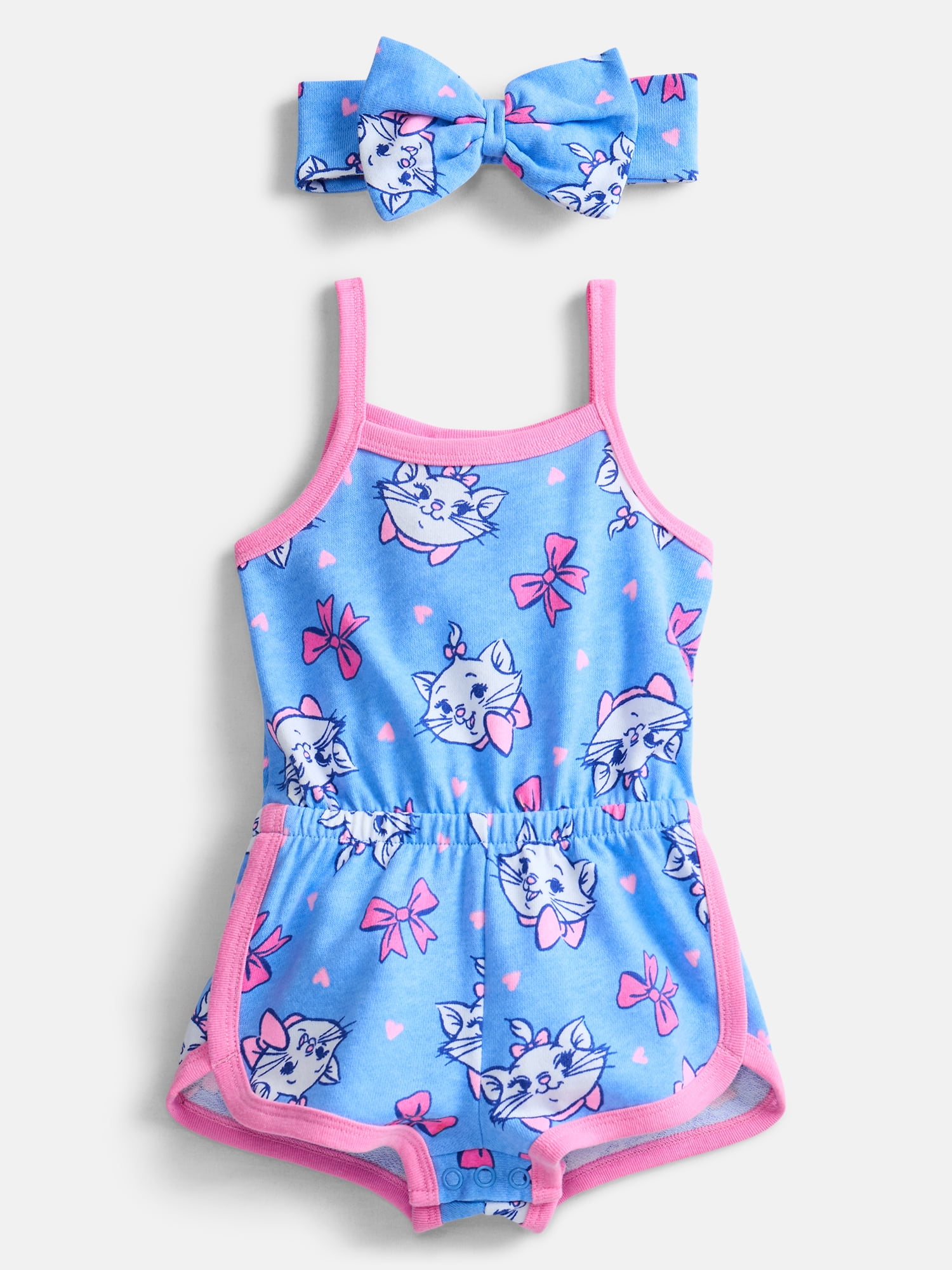 Disney Classics Marie Baby Girls Spaghetti Strap Print Romper with Matching Bow Headband, Sizes 0/3M-24M