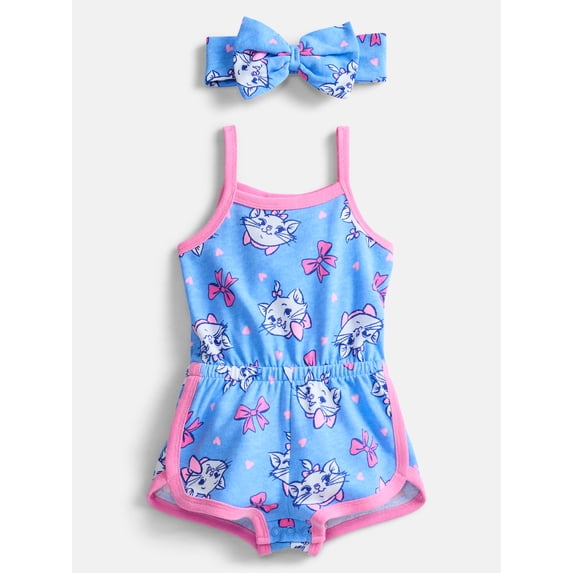 Disney Classics Marie Baby Girls Spaghetti Strap Print Romper with Matching Bow Headband, Sizes 0/3M-24M
