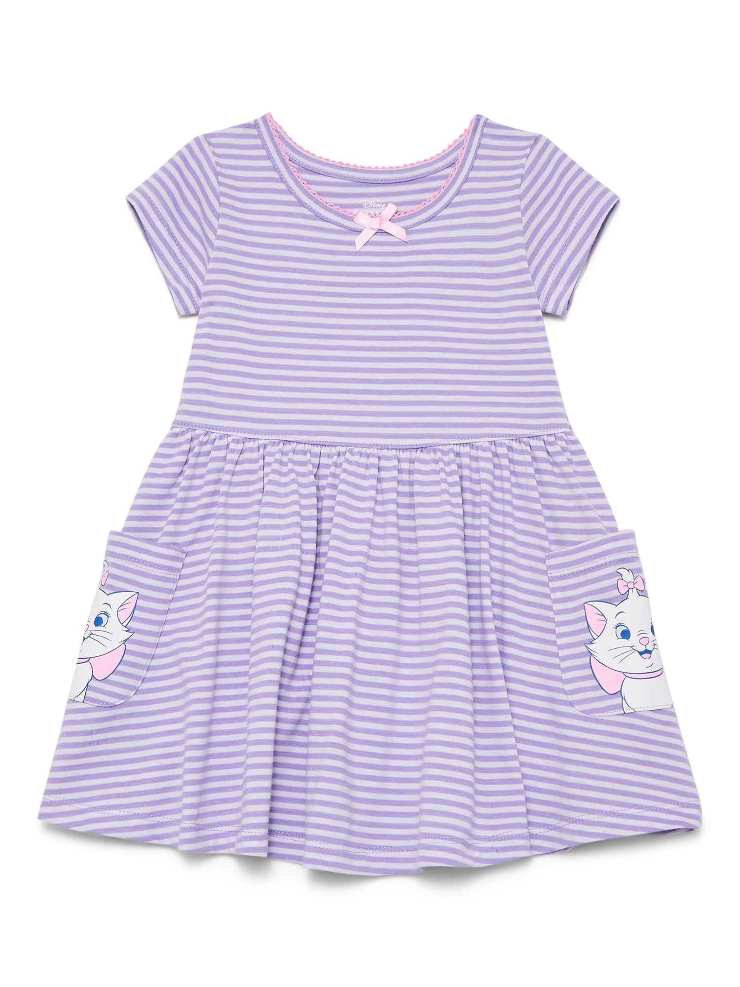 Disney Classics Marie Toddler Girl Short Sleeve Striped Dress with Graphic Pockets, Sizes 12M-5T