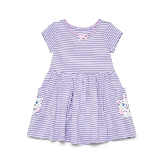 Disney Classics Marie Toddler Girl Short Sleeve Striped Dress with Graphic Pockets, Sizes 12M-5T