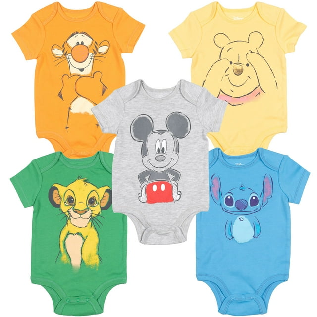 Disney Classics Newborn Baby Boys 5 Pack Bodysuits Newborn to Infant