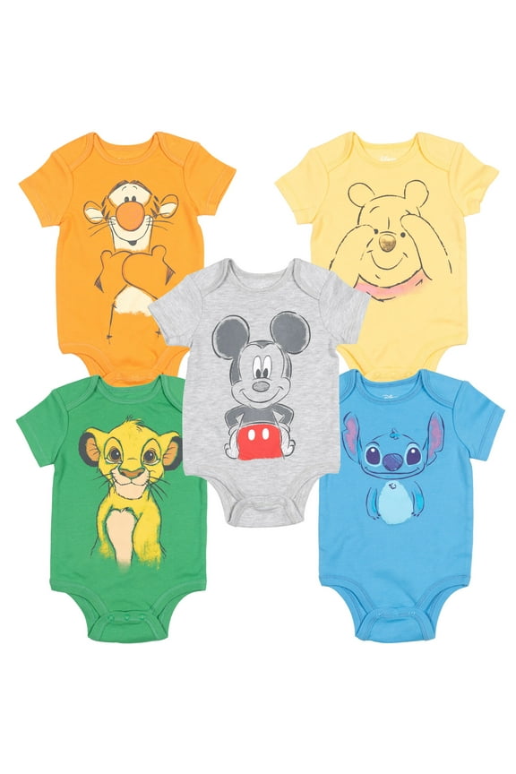 Disney Classics Newborn Baby Boys 5 Pack Bodysuits Newborn to Infant