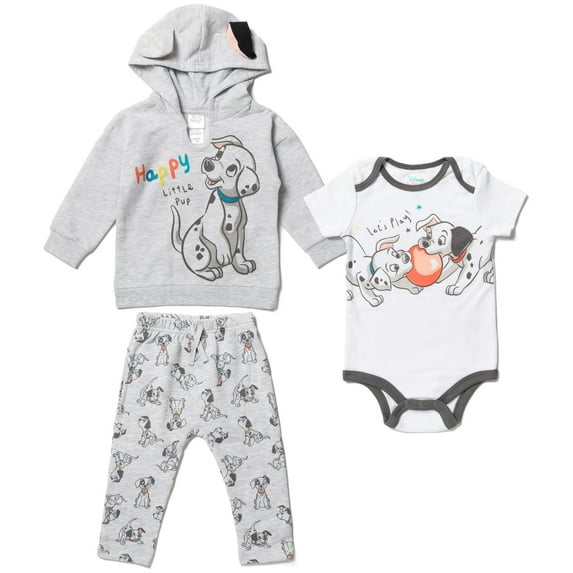 Disney Classics Patch Infant Baby Boys or Girls Fleece Pullover Hoodie Bodysuit and Pants 3 Piece Outfit Set Newborn to Infant