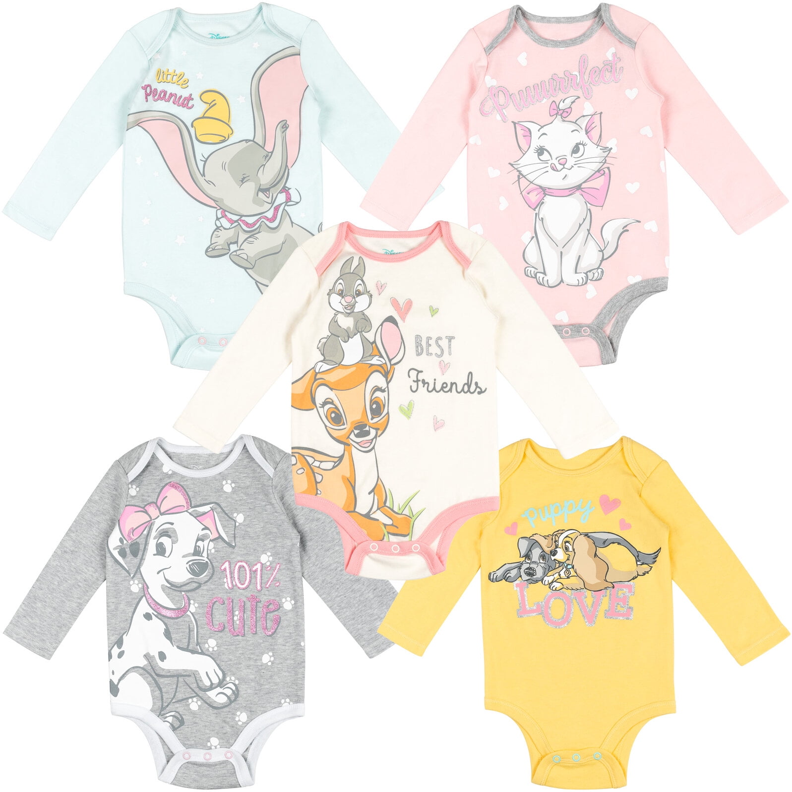 Disney Classics Dumbo Bambi Marie Infant Baby Girls 5 Pack Bodysuits Newborn to Infant