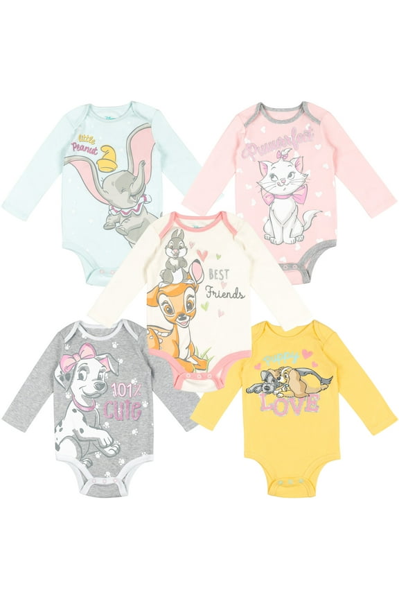 Classics Dumbo Bambi Marie Newborn Baby Girls 5 Pack Bodysuits Newborn to Infant