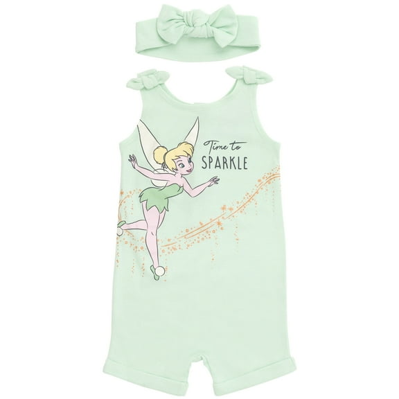 Disney Classics Tinker Bell Infant Baby Girls French Terry Romper and Headband Newborn to Toddler