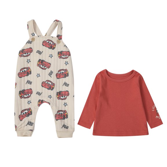 Disney Clothes Baby Boys Cars 2-Piece Quilted Overall Set, Infant Outfit with Coordinating Top and Quilted Overalls, Size (12M) - Red/Brown