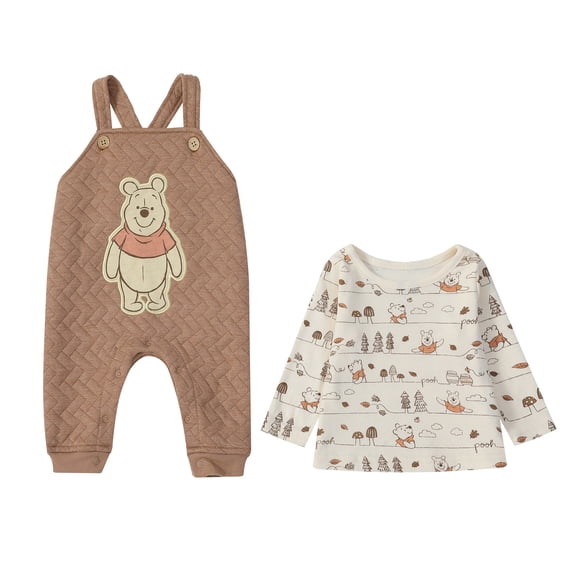 Disney Clothes Baby Boys Winnie the Pooh 2-Piece Quilted Overall Set, Infant Outfit with Coordinating Top and Quilted Overalls, Size (6/9M) - Brown
