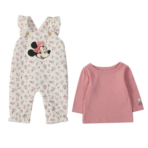 Disney Clothes Baby Girls Minnie Mouse 2-Piece Quilted Overall Set, Infant Outfit with Coordinating Top and Quilted Overalls, Size 18M - Light Red/Cream