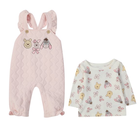 Disney Clothes Baby Girls Winnie the Pooh 2-Piece Quilted Overall Set, Infant Outfit with Coordinating Top and Quilted Overalls, Size 6/9M - Pink/Cream