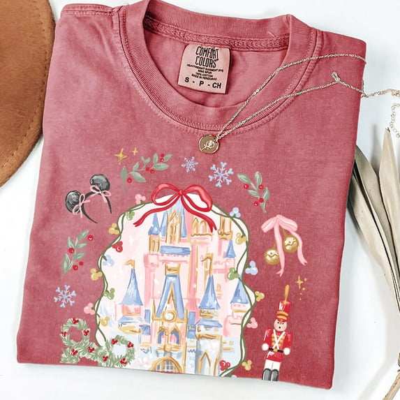 Disney Coquette Bow Christmas Comfort Colors T-shirt, Mickey Xmas Shirt, Disney Magic Castle Christmas Tee, Disney Trip Shirt Nutcracker,Crimson Color,Size 2XL