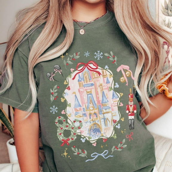 Disney Coquette Bow Christmas Comfort Colors T-shirt, Mickey Xmas Shirt, Disney Magic Castle Christmas Tee, Disney Trip Shirt Nutcracker,Moss Color,Size M
