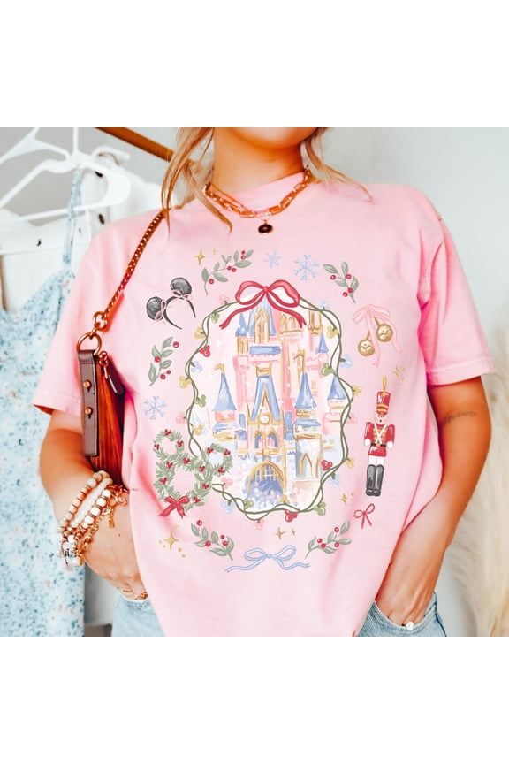 Disney Coquette Bow Christmas Comfort Colors T-shirt, Mickey Xmas Shirt, Disney Magic Castle Christmas Tee, Disney Trip Shirt Nutcracker