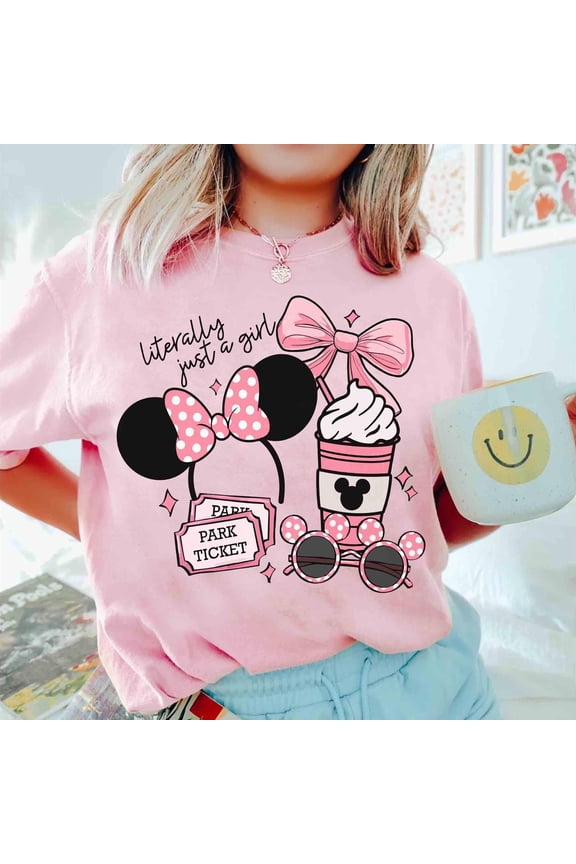 Disney Coquette Bow Literally Just A Girl Pink T-shirt, Minnie Mouse Girl Trip Outfits, WDW Disneyland Vacation 2026 Shirt, Family Holiday