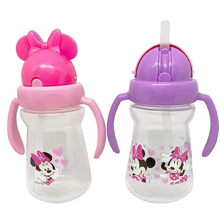 Disney Cudlie Minnie Mouse Baby Girl 2 Pack of 6 oz Sippers Handles Pop Up Straw Character Molded Lid in Pink & Purple