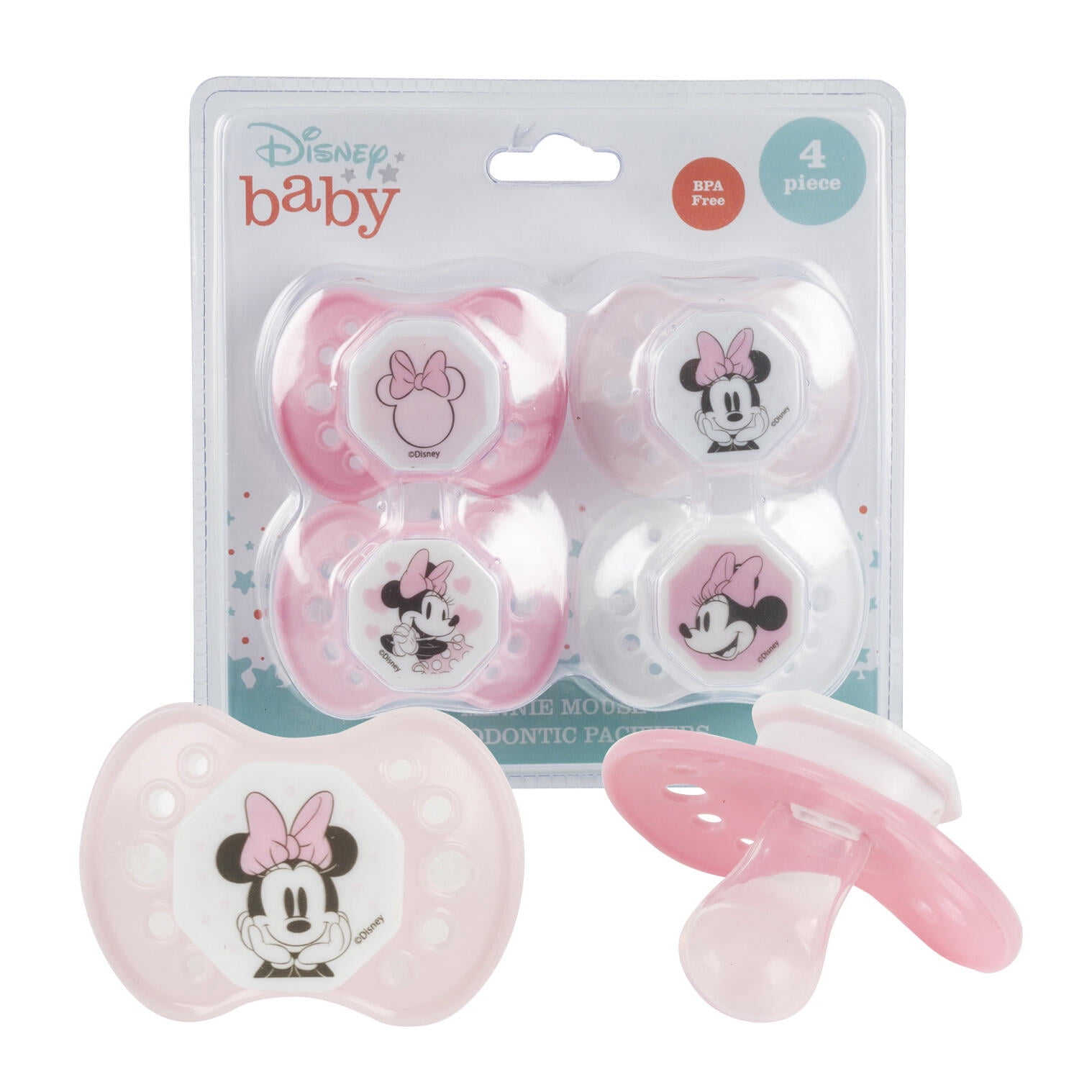 Disney Cudlie 4-Pack Minnie Mouse Baby Girl Pacifiers, Pink, Old