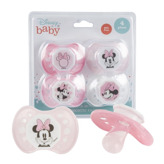 Disney Cudlie Minnie Mouse Baby Girl 4 Pack of Pacifiers with Old Time Minnie Print Pink