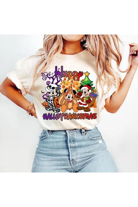 Cute Happy Hallothanksmas T-Shirt Retro Graphic Shirt Gift For Family and Friend, Unisex S-5XL