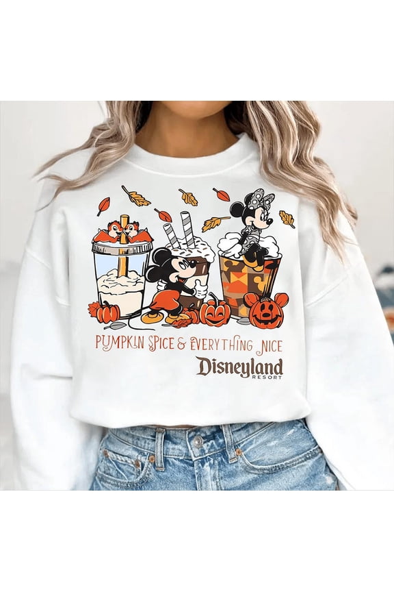 Cute Mickey Minnie Mouse Pumpkin Spice Everything Nice Autumn Leaves, Disneyland Resort Fall Vibes Tee, Disney Family Costume Party Trip, S-5XL Sweatshirt