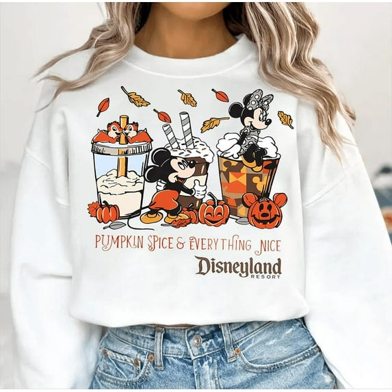 Disney Cute Mickey Minnie Mouse Pumpkin Spice Everything Nice Autumn Leaves, Disneyland Resort Fall Vibes Tee, Disney Family Costume Party Trip, S-5XL Sweatshirt