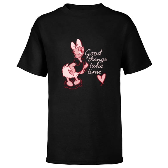Disney Daisy Duck Retro Vintage Heart Good Things Take Time - Short Sleeve T-Shirt for Kids - Customized-Black