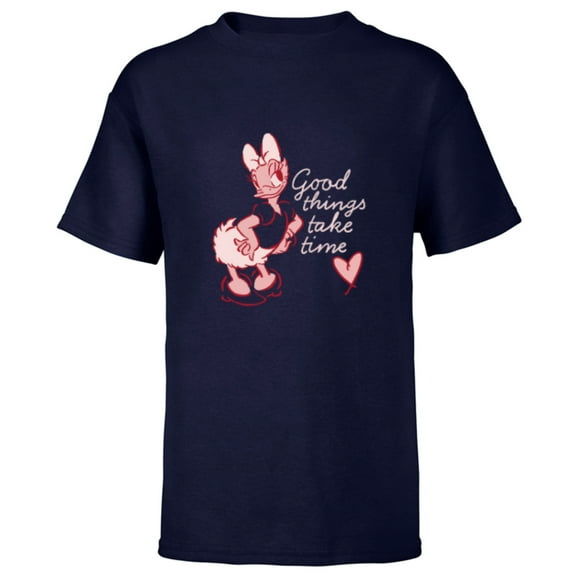 Disney Daisy Duck Retro Vintage Heart Good Things Take Time - Short Sleeve T-Shirt for Kids - Customized-Navy