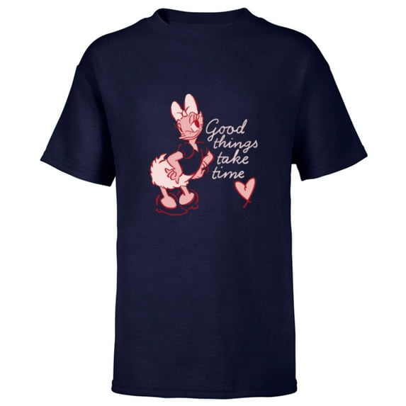 Disney Daisy Duck Retro Vintage Heart Good Things Take Time - Short Sleeve T-Shirt for Kids - Customized-Navy
