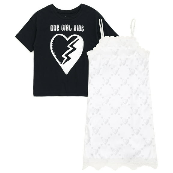 Disney Descendants Satin V-neck Slip Dress and Drop Shoulder T-Shirt Outfit Set Little Kid to Big Kid