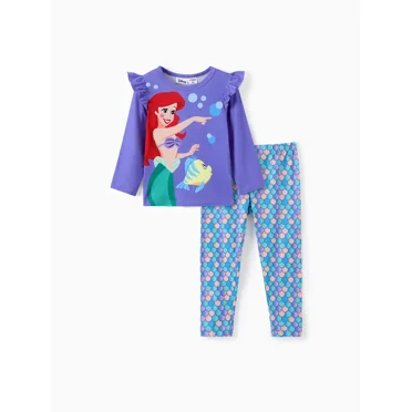 Disney Princess Cinderella Ariel Jasmine Girls 2 Pieces Outfit Set Graphic Long Sleeves Shirts with Allover Print Leggings Sizes 2-6