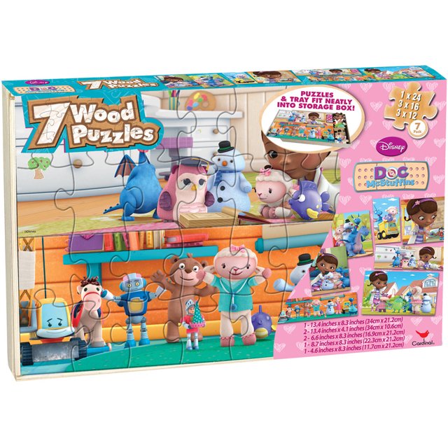 Disney Doc McStuffins 7 Wood Jigsaw Puzzles in Wood Storage Box
